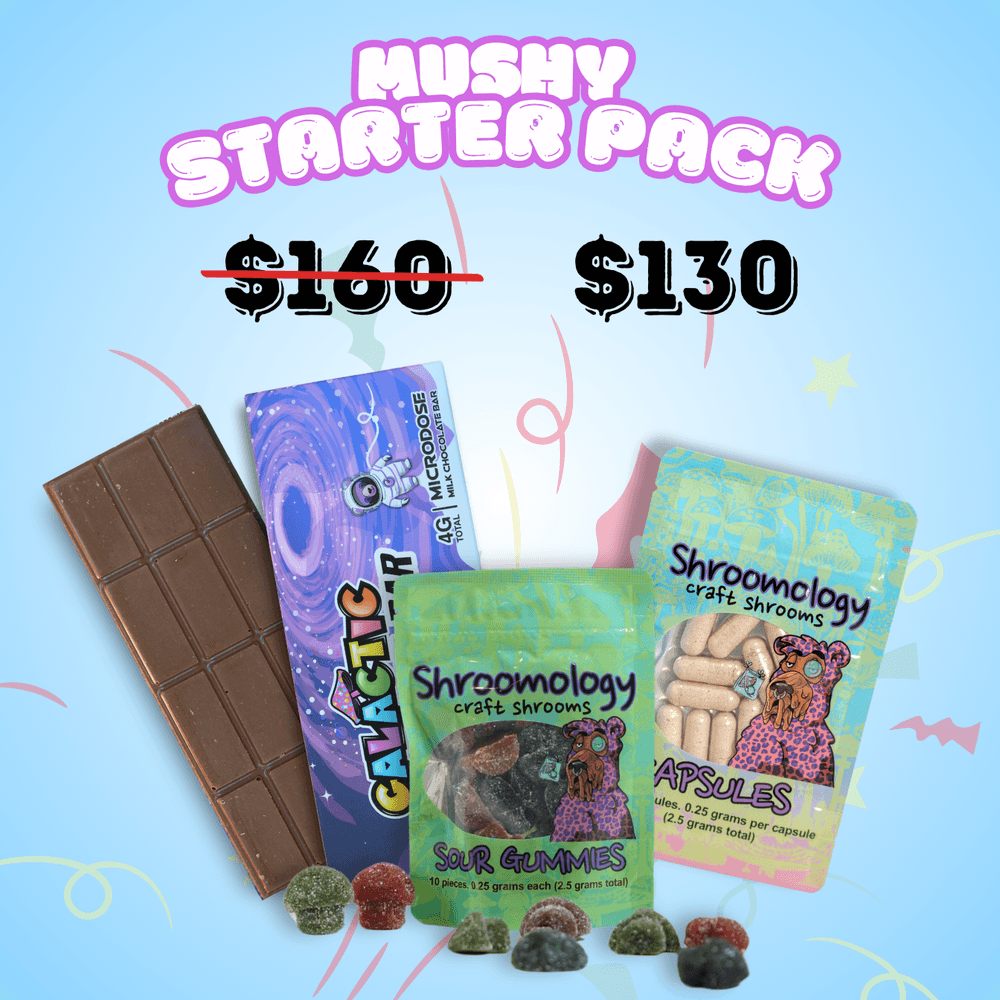 Mushy Starter Pack – (1 Chocolate Bar – 1 Gummy Pack – 1 Shroomology Capsule Pack)