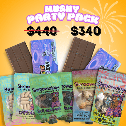 Mushy Party Pack – (2 Chocolate Bars – 2 Gummy Packs – 2 Capsule Packs – 2 Whole Shrooms Packs)
